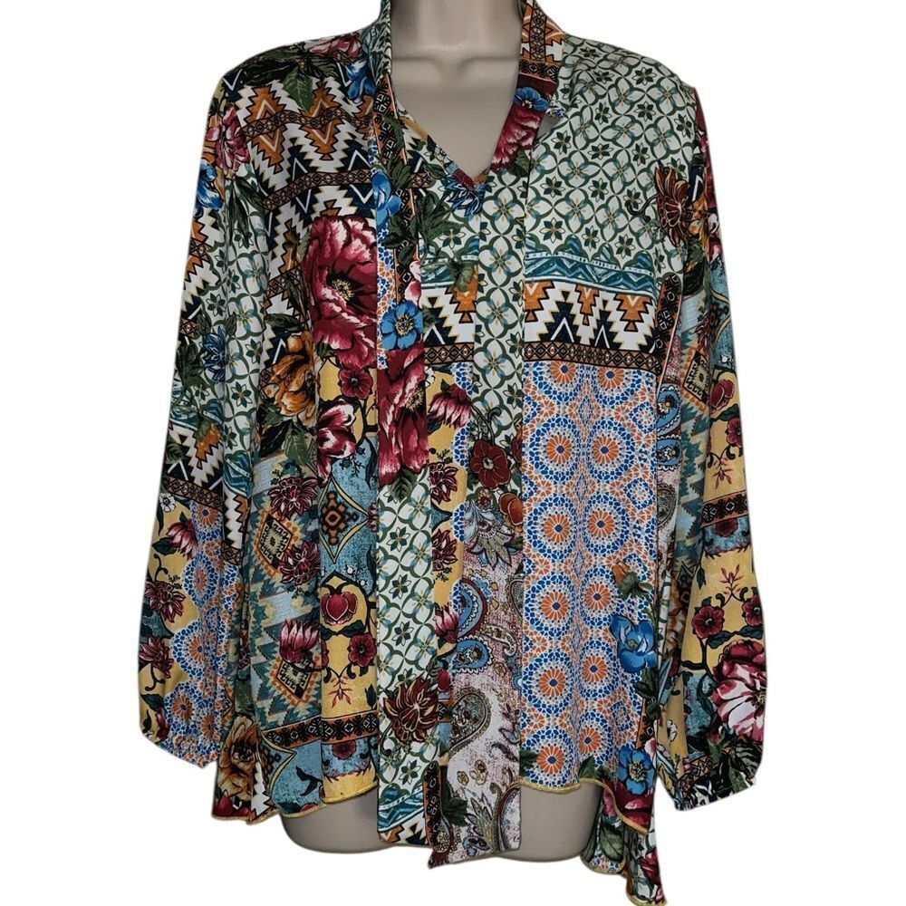 Cha Cha Vente Multicolor Patterned Blouse beautiful super soft high Low style M